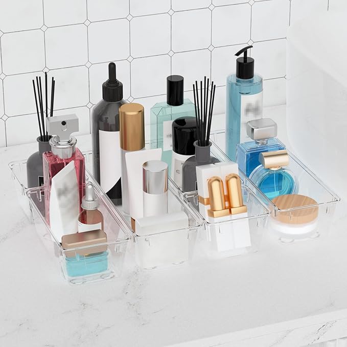 WOWBOX 12 Pack Clear Drawer Organizer Set, Acrylic Drawer Storage Trays, Storage Bins for Makeup, Cosmetics, Jewelries, Utens