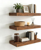 Set of 3 Rustic Brown Solid Wood Floating Shelves 15.7 inch - Wall Mounted Storage Shelves for Bathroom Over Toilet, Bedroom,