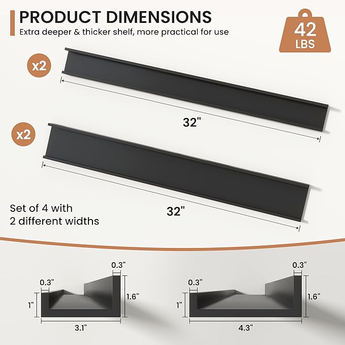 Fun Memories Picture Ledge Shelves Set of 4, 32 Inch Rustic Wall Mounted Floating Shelves with Lip for Home Storage and Décor