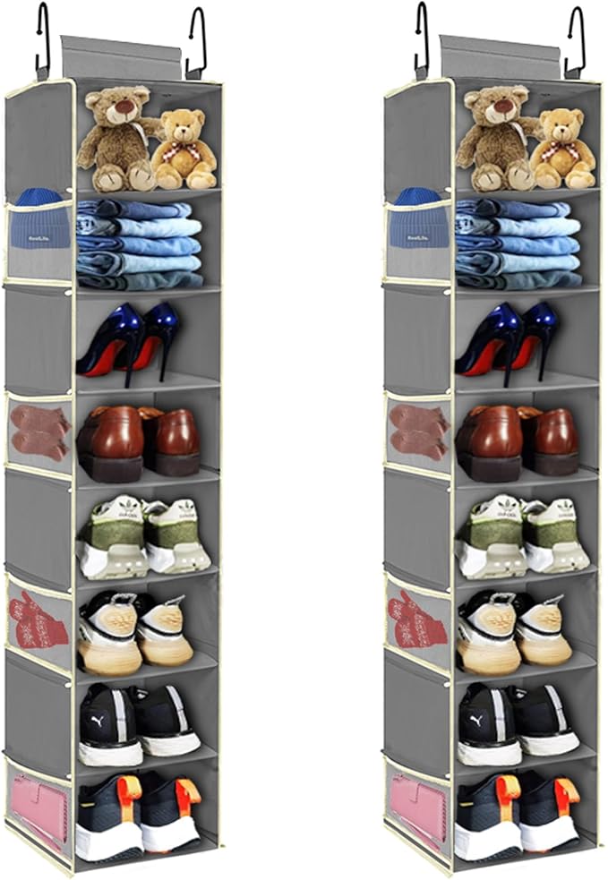 2 Pack Large-Sized Hanging Shoe Organizer 8-Shelf, Hanging Closet Organizer with 8 Side Pockets, Wider Hanging Shelves for St
