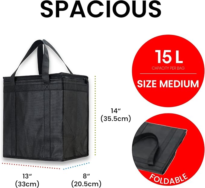 NZ home Insulated Bags for Food Delivery (Medium) Grocery Shopping Cooler Bag, Pizza Delivery, Hot & Cold Catering Tote, Reusable, Foldable & Heavy Duty (Black)