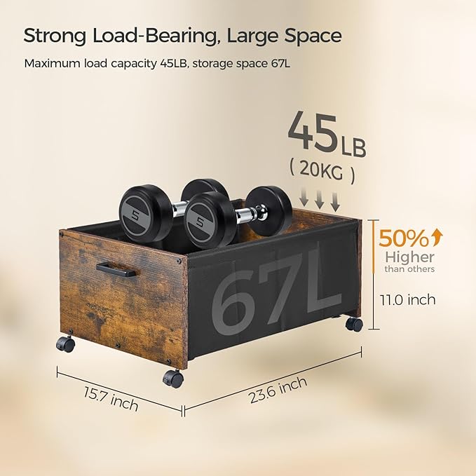 Under Bed Storage with Wheels, Wooden Under Bed Drawers On Wheels, Rolling Under Bed Shoe Storage, Space Saving, Rustic Brown