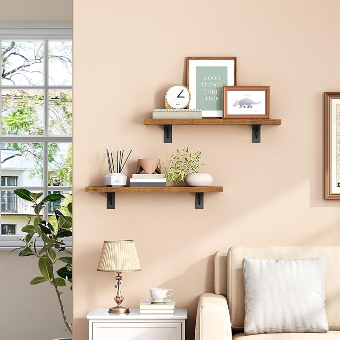 HOOBRO Floating Shelves for Wall and C Shaped End Table, 15.4" Wall Mounted Shelves Set of 2, Small Side Table for Couch, Gol