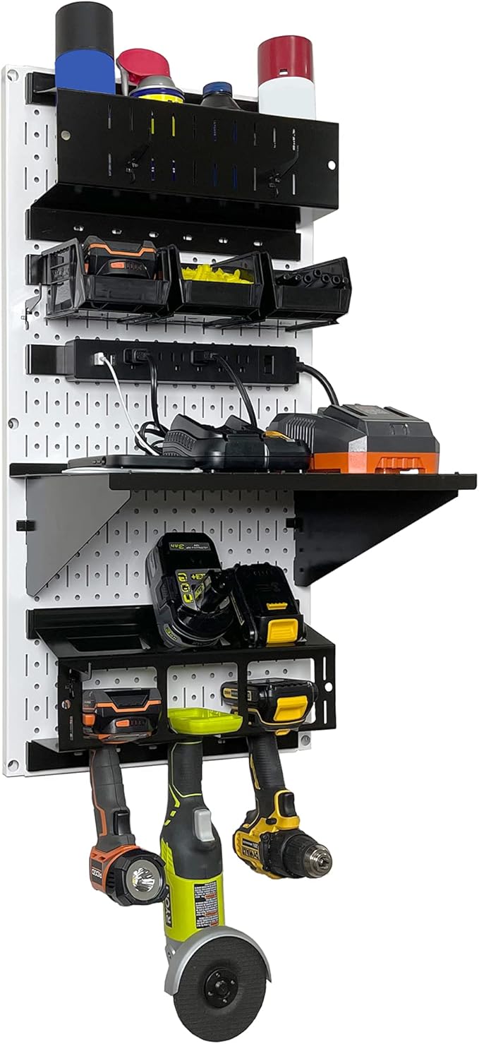 Wall Control Power Tool Storage Organizer Kit Cordless Drill Holder Charging Station Rack 16” x 32” Metal Pegboard Organizati