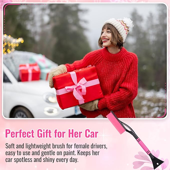 Lasnten 24'' Snow Brush and Ice Scraper for Car Windshield, 2 in 1 Detachable Snow Scraper with Soft Grip Handle and Additional Handhold, Multi-functional Removal Tool for Car, Truck, SUV, Pink