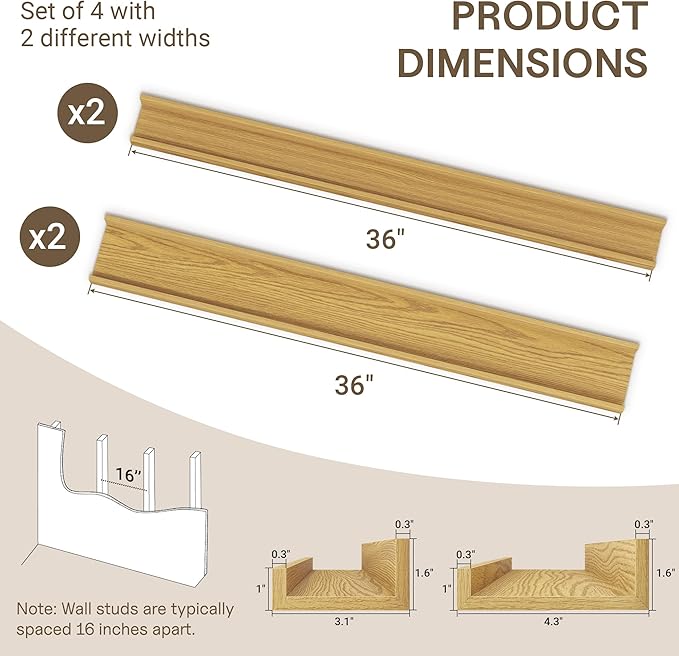 Fun Memories 36 Inch Floating Shelves for Wall - Wall Shelves with Lip Set of 4 - Nursery Bookshelf for Storage - Picture Led