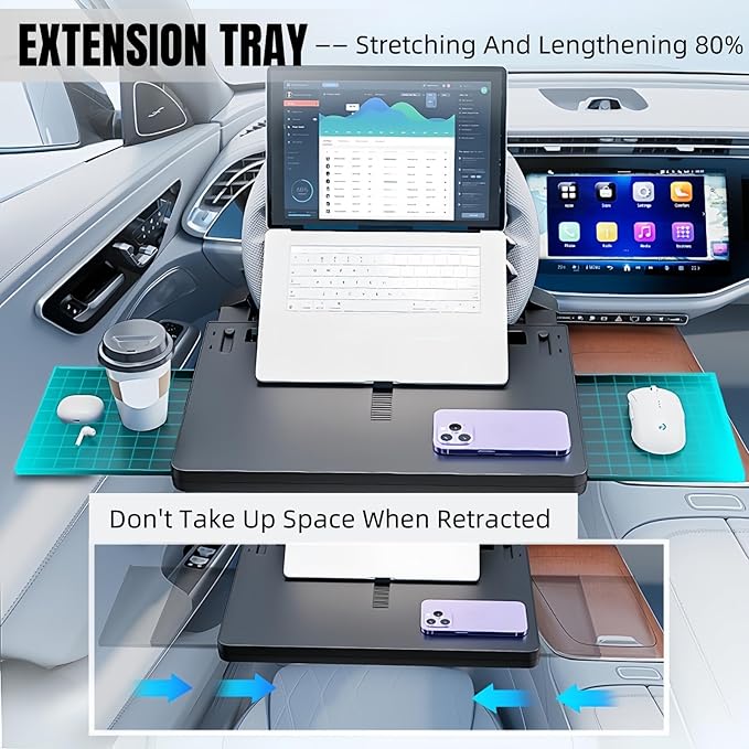 Large Car Steering Wheel Desk with Retractable Tray, Car Steering Wheel Tray Laptop Mount for Eating Food Drink and Writing Work, Fits for Most Cars (Black)