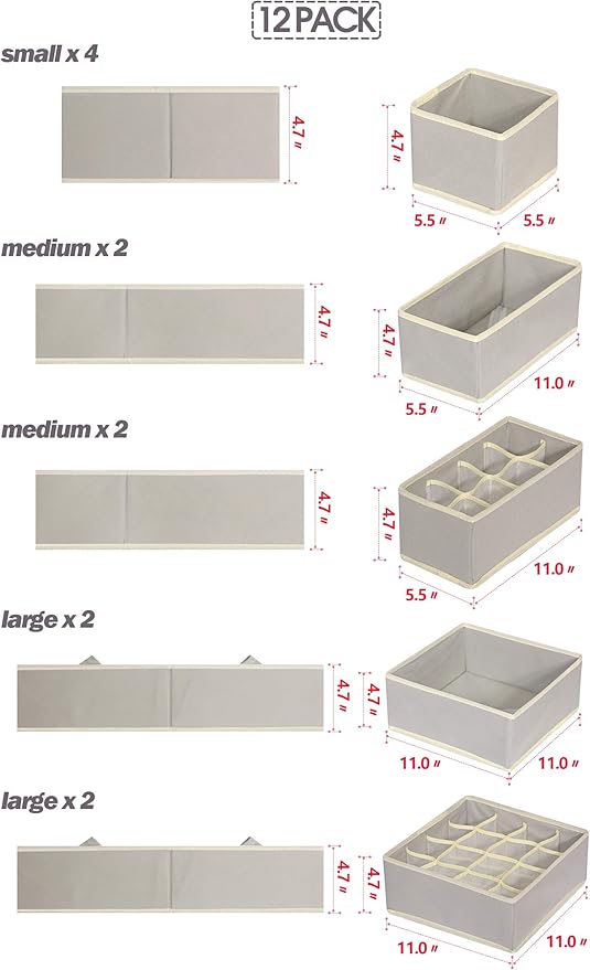 TENABORT 12 Pack Foldable Drawer Organizer Dividers Cloth Storage Box Closet Dresser Organizer Cube Fabric Containers Basket 