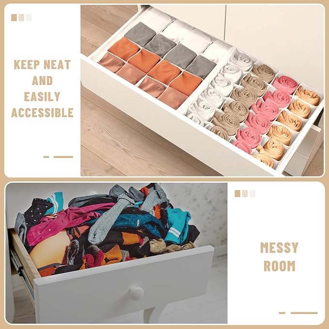 Criusia 3 Pack Sock Underwear Drawer Organizer Dividers, 64 Cell Fabric Foldable Cabinet Closet Organizers and Storage Boxes 