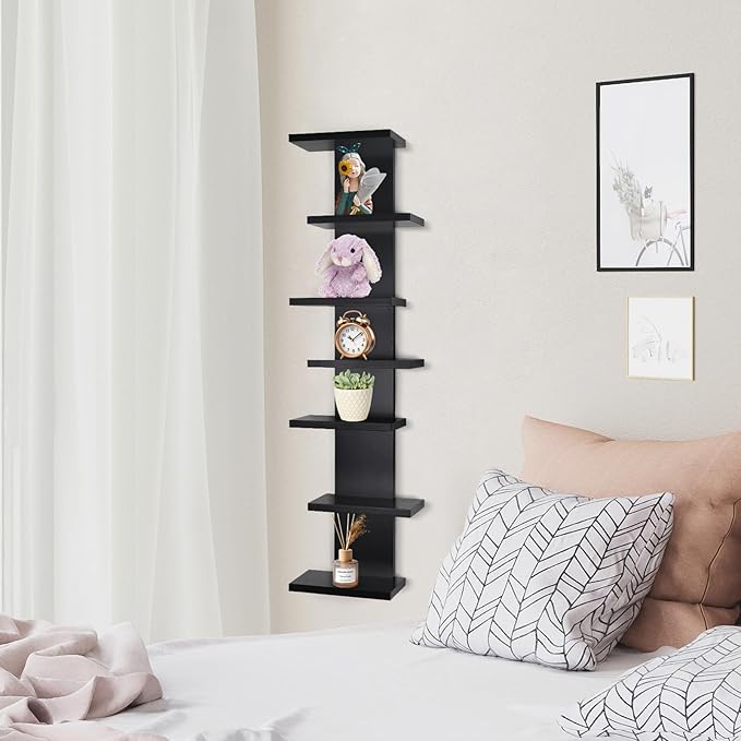 7 Tier Wall Shelf Unit-Black Floating Shelves for Home Decor, Modern Unique Asymmetric Design for Bedroom & Living Room Stora