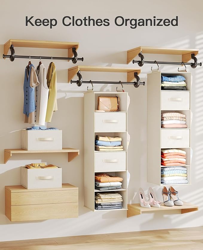 Pipishell Hanging Closet Organizer 6-Shelf, Hanging Shelves for Closet with 3 Removable Drawers & Side Pockets for Bedroom, G
