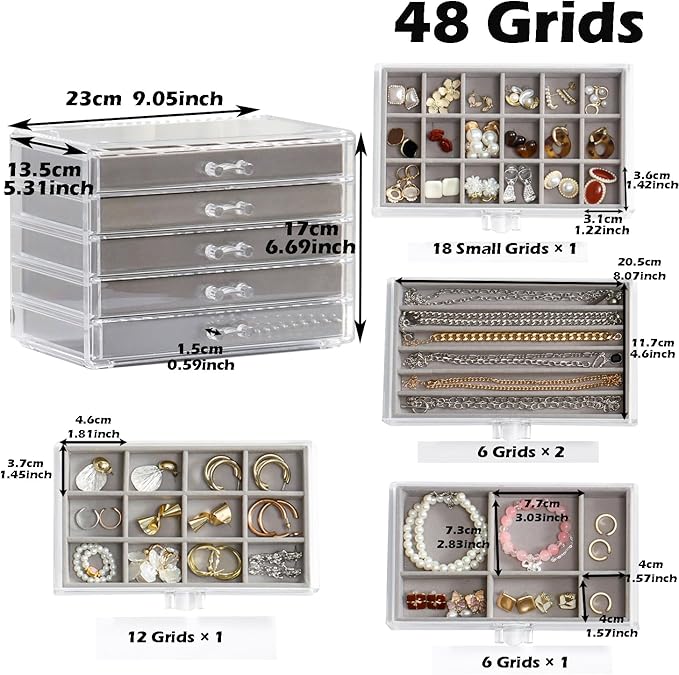 YUFONG Jewelry Organizer with 5 Drawers Clear Acrylic Earring Display Case Velvet Jewelry Storage Box Display Holder for Earr
