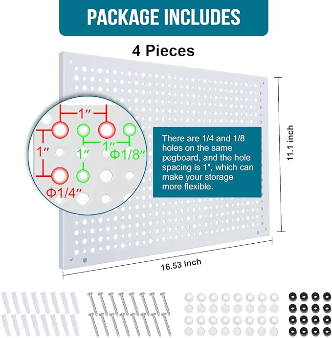 Peg Board, Heavy Duty Steel Organization Panels, Universal 1/8 and 1/4 Peg Board Accessories, Ideal for Garage Tool Storage, 