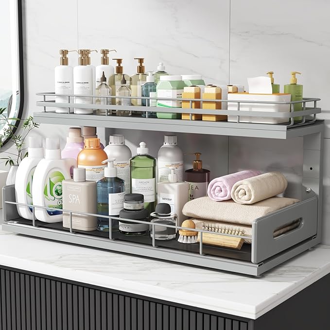 Under Sink Organizer Upgrade To Professional Rails,2-Tier Dual Pull Out Cabinet Storage,Height Adjustable Slide Out Drawers F