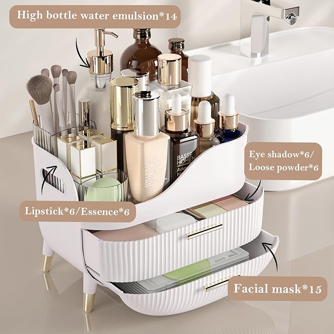 Makeup Organizer for Vanity, Large Capacity Skincare Cosmetic Organizer Countertop with 2 Drawers, Cosmetic Display Cases Mak