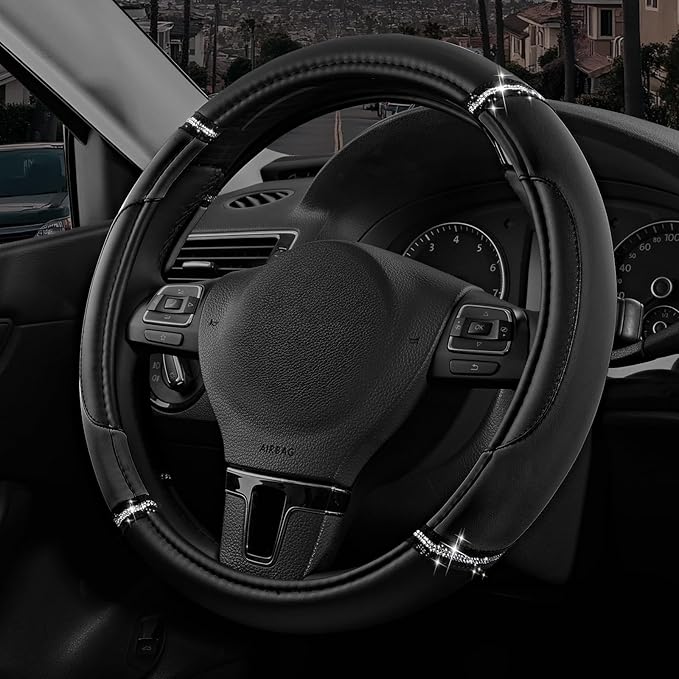 Road Comforts Leather Steering Wheel Cover - Made with PVC Leather - Anti-Slip, Universal Fit 14 1/2 inches to 15 inches - Bl