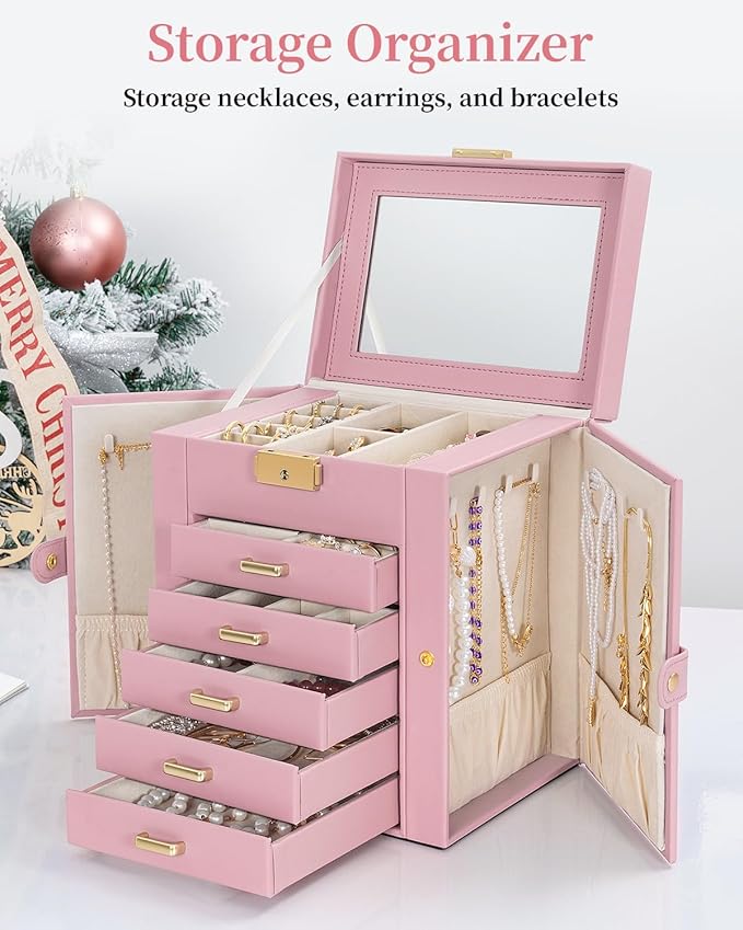 TORIBIO Large Jewelry Box for Women, Leather Jewelry Organizer with Mirror & Lock, 6-Tier Jewelry Storage Case for Girls/Wome