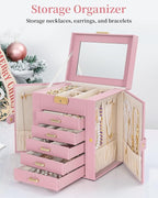 TORIBIO Large Jewelry Box for Women, Leather Jewelry Organizer with Mirror & Lock, 6-Tier Jewelry Storage Case for Girls/Wome