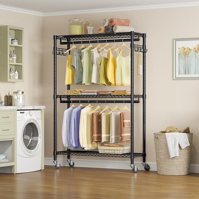 VIPEK R2 Plus Heavy Duty Rolling Garment Rack 3 Tiers Adjustable Wire Shelving Clothes Rack with Double Rods and Side Hooks, 