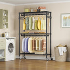 VIPEK R2 Plus Heavy Duty Rolling Garment Rack 3 Tiers Adjustable Wire Shelving Clothes Rack with Double Rods and Side Hooks, 