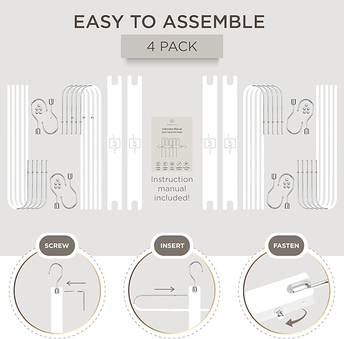MORALVE Pants Hangers Space Saving - 4 Pack European Beechwood Scarf and Jean Hangers - Closet Organizer and Space Saver Pant