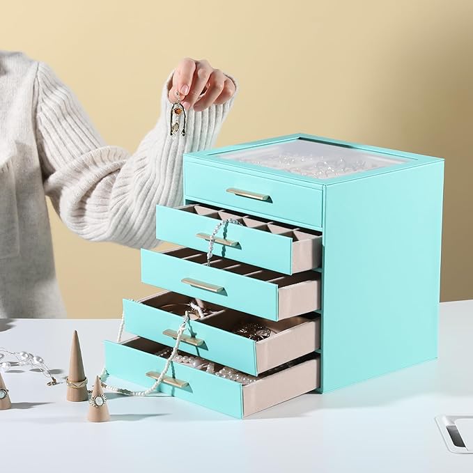 Frebeauty Clear Lid Jewelry Box,5-Layer Jewelry Organizer with Drawer,PU Leather Jewelry Organizers and Storage,Jewelry Boxes