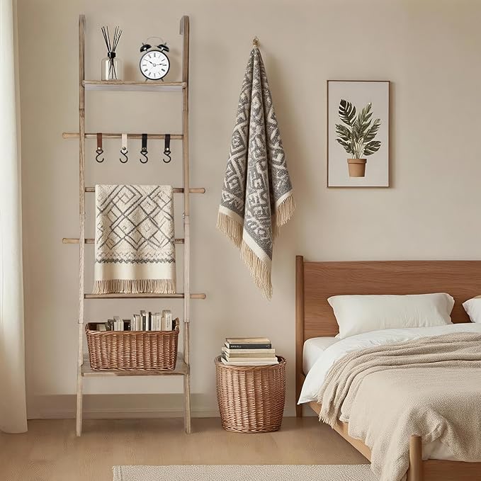 Wooden Ladder with Shelf for Room Decor, 6-Tier Decor Ladder with Non-Slip Mat & Hooks, Farmhouse Style Leaning Wall Display 