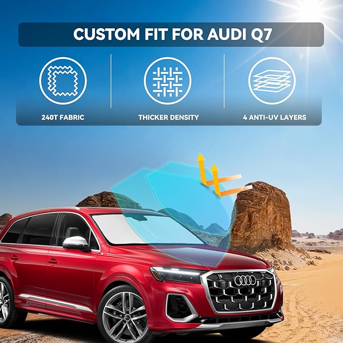 for Audi Q7 2016-2026 Windshield Sun Shade - 4 Layers Car Sunshades for Front Windows Shade Cover Custom Fit Q7 SUV Sun Visor 250T Retractable Shade Blocks UV Rays Car Accessories