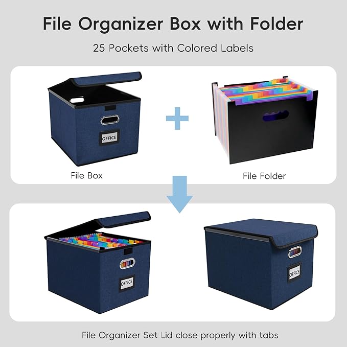 File Organizer Box with 25-Pocket Accordion Folder, File Folder & Protective Lid - Document Storage for Home, Office, School,