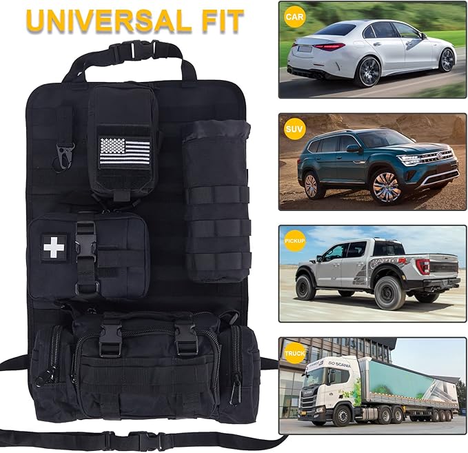 Universal Tactical Car Seat Back Organizer Bag Tactical Molle Vehicle Organizers Panel Vehicle Protector Organizers with 4 Detachable Pouches for Car Truck Ford Jeep Vehicle (Black)