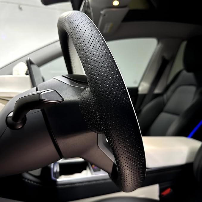 MEWANT Hand Stitched Real Leather Steering Wheel Cover for Tesla Model 3 2017-2023 / Model Y 2020-2023 for Tesla Model 3/Y Accessories(3D Style)