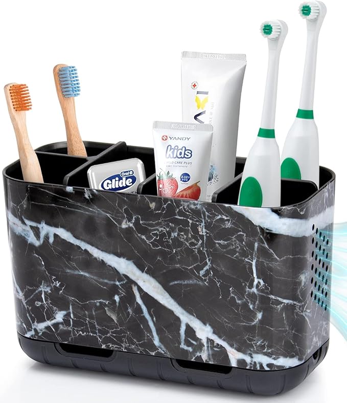 Boperzi Black Toothbrush Holder for Bathroom Toothpaste Organizer Countertop, Detachable Anti-Slip Marble Toothpaste Storage 