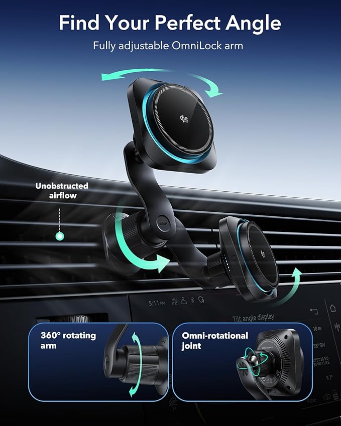 ESR OmniLock Qi2.2 Certified 25W MagSafe Car Mount Charger with CryoBoost, Phone Cooling MagSafe Car Charger, 360° Rotatable, Air Vent Magnetic Car Phone Holder for iPhone 17/16 with iOS 26, S26 Ultra