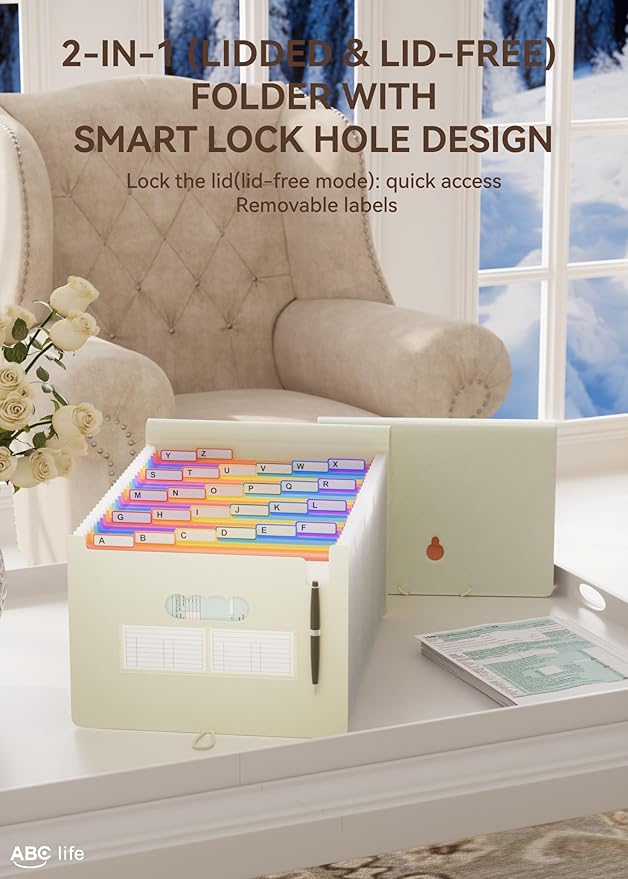 ABC life 26-Pocket Accordion File Organizer, Expanding File Folder, Letter/A4 Size Plastic Monthly Bill & Tax Receipt Holder 