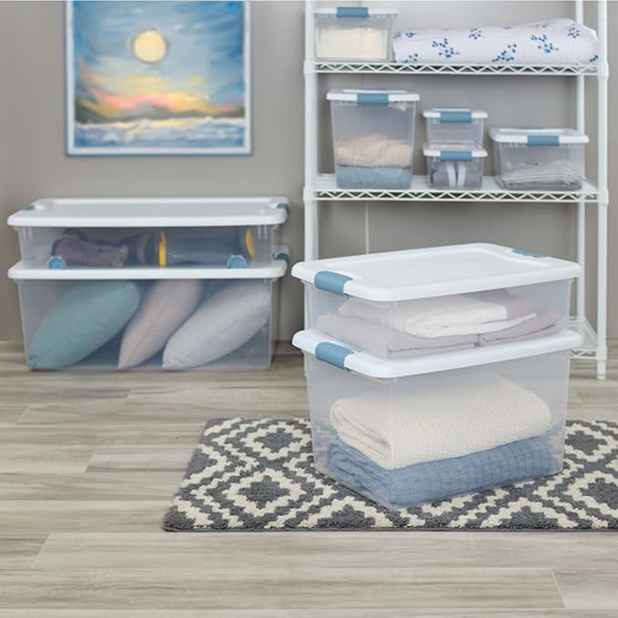 Sterilite 12-Pack Latching Box, Under Bed Storage Bins with Lids, Clear Plastic, 25 Quart - Heavy-Duty Organizing Containers 