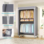 FUTASSI Black Clothing Rack with Grey Cover, P1C Rolling Closets with Wheels, Metal Garment Rack for Hanging Clothes, Clothin