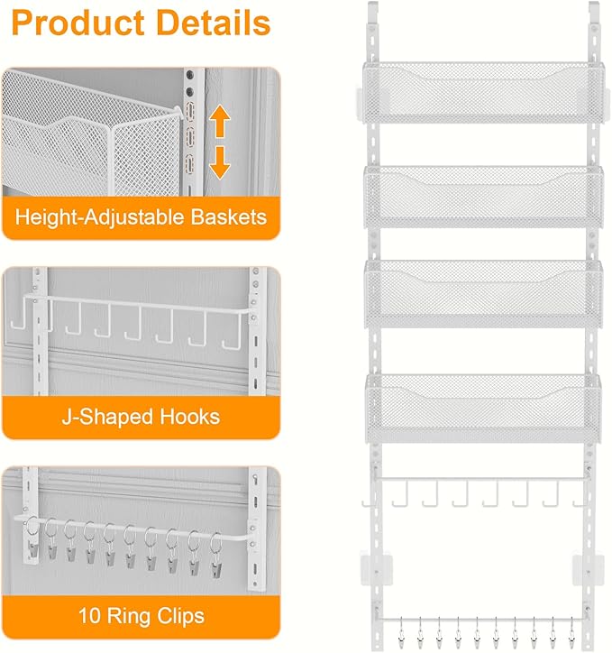 Over the Door Organizer, 2 in 1 Metal Hanging Closet Organizer & Hat Rack with 4 Adjustable Baskets, 8 Hooks, 10 Clips, Behin
