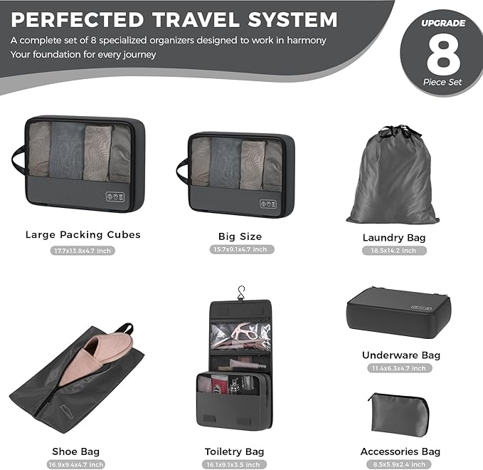8-Piece Compression Packing Cubes for Travel, Ultralight Luggage Organizer Set with Double Zipper, Space Saving for Suitcase 