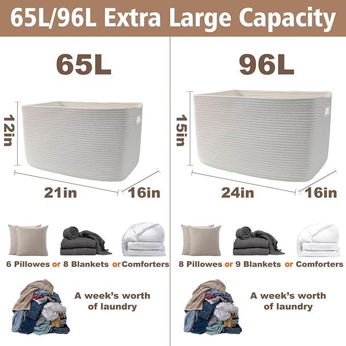 JMvicyroam Woven Blanket Basket,65L Large Storage Bin for Blankets Toys Clothes,Decorative Rope Basket for Living Room Bedroo
