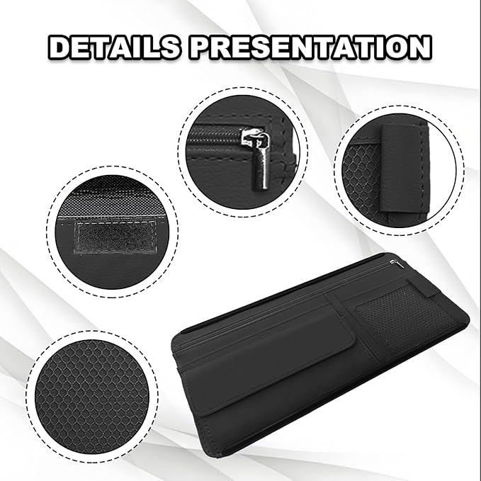 Car Sun Visor Storage Bag, Soft Leather Surface Organizer, Scratch-Resistant Auto Sunshade Organizer Bag, Can Store ID Card, Eyeglasses, Pen, Driving License etc (Black)