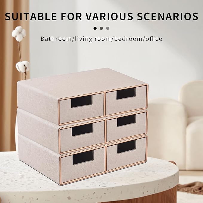 Stackable Drawer Organizer PU Leather Classic Handmade and Linen Leather Desk Organizer with Drawers－Mini Desktop Drawer Orga