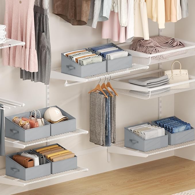 DIMJ Storage Bins for Closet, Trapezoid Storage Bins with Front Handle, Fabric Storage Baskets for Shelves, Line Closet Organ