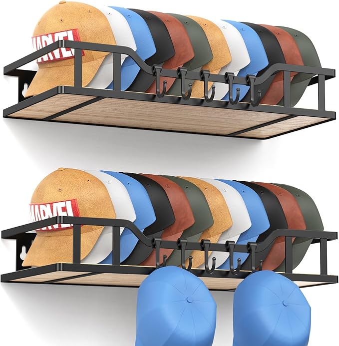 Natural Wood Hat Racks for Baseball Caps Peaked Caps Wall Hat Organizer Fit 40 Caps Holder, 2 Packs Sturdy Wall Mounted Snapb