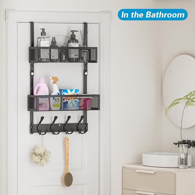 Over The Door Hooks Organizer, Door Hanger Towel Rack with 2 Baskets, Adjustable Over The Door Coat Rack, Back of Door Storag