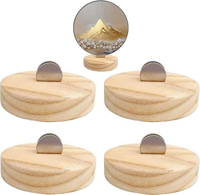 4 Pcs Premium Wood Adjustable Stained Glass Display Stands Tabletop Easels, Book Display Holder for Tile, Album, CD, Magazine, Postcard, Picture, Plate, Artworks, Phone, Tablet, Photos, Decor, Card (4, yellow-round)