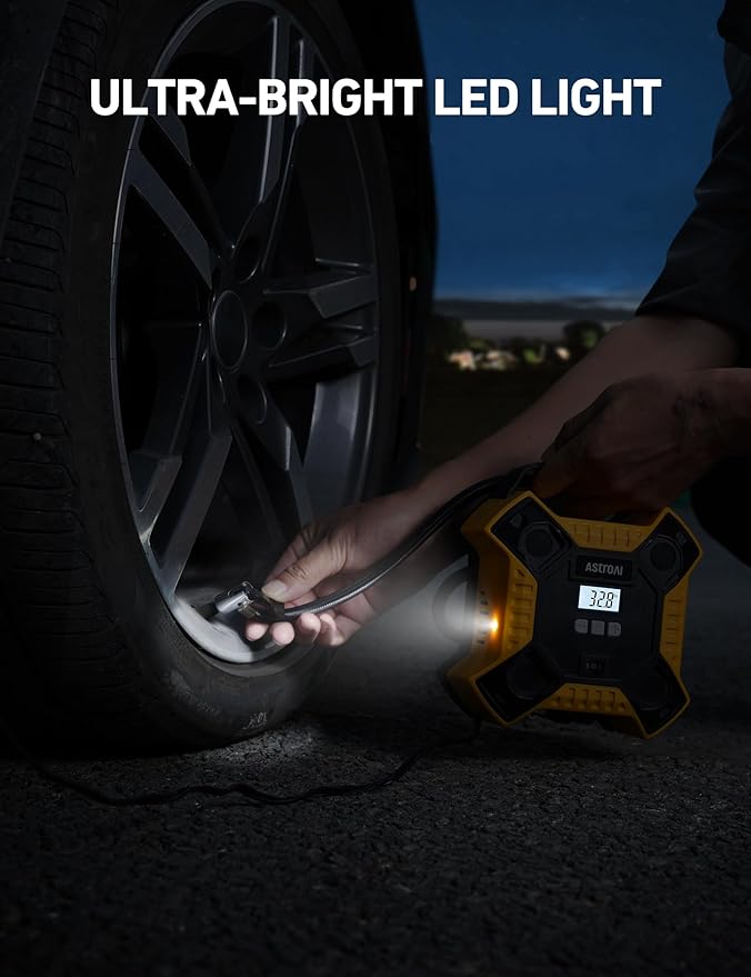 AstroAI Air Compressor Tire Inflator Portable Air Pump for Car Tires, 12V DC Integrated Metal Structure Tire Pump 160PSI with LED Light for Cars, Bicycles, Motorcycles, and Other Inflatables(Yellow)
