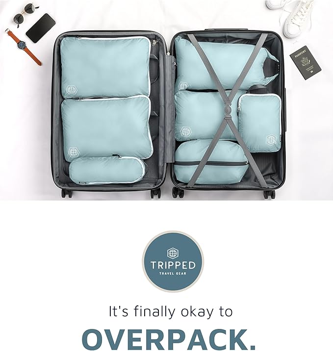 TRIPPED XL Compression Packing Cubes — 7-Piece Set for Checked Luggage | Extra-Large (15.7"×11"×4") + Large + Small + Tube + 