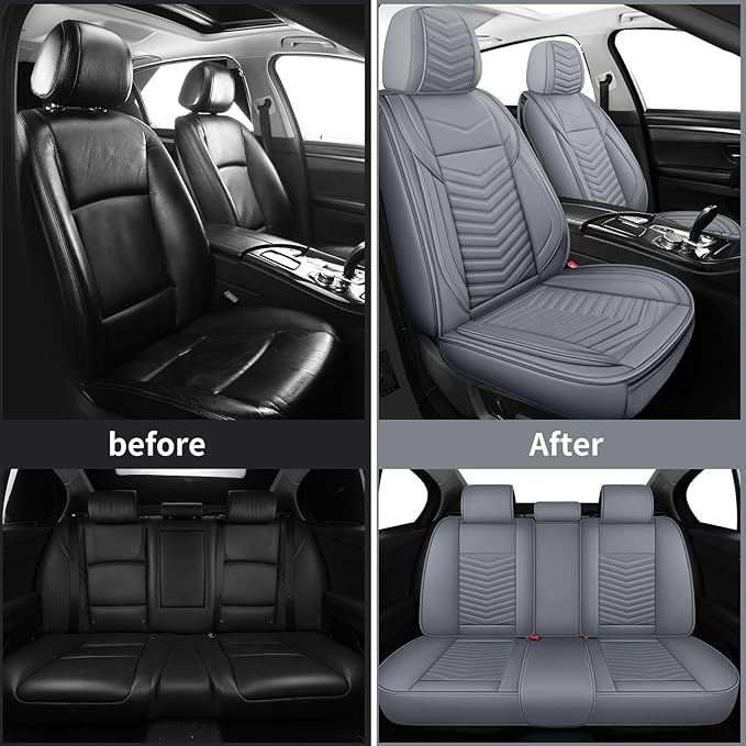 Nappa Leather Car Seat Covers Full Set, Gray Car seat Protector 5 Seats, Waterproof Car Seat Cushion, Universal Automotive Se