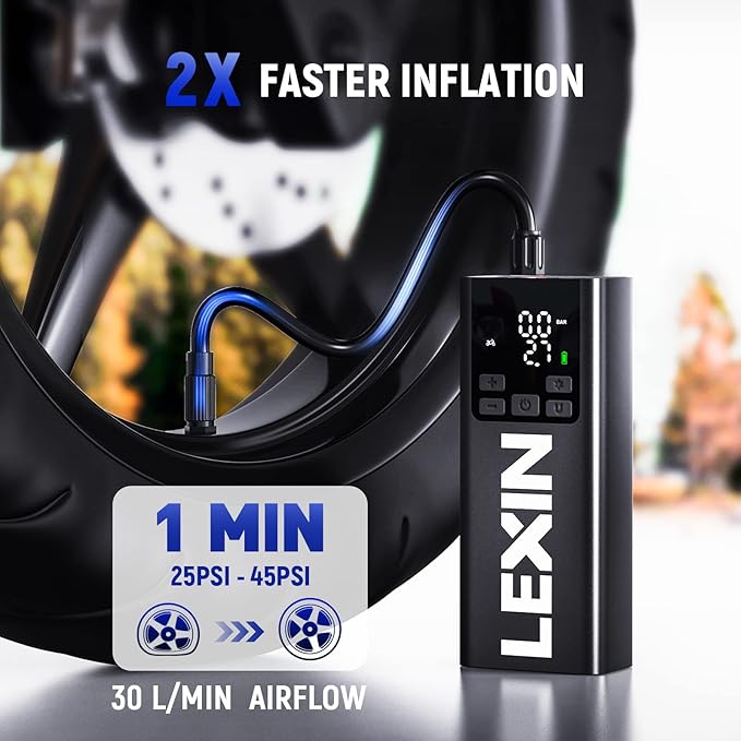 LEXIN P5 Tire Inflator Portable Air Compressor, 150PSI Electric Air Pump for Car Tires, 5000mAh Rechargeable Tire Inflator with Digital Pressure Gauge & Auto Shut-Off for Car, Motorcycle, Bike & Balls