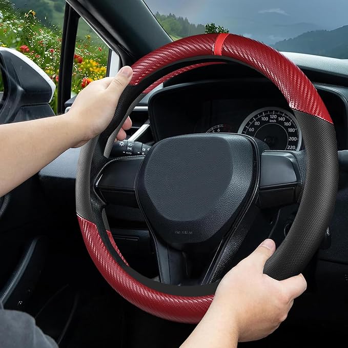 Black & Red Carbon Fiber Leather Steering Wheel Cover, 14.5-15 Inch Non-Slip Breathable Microfiber Leather Car Steering Wheel